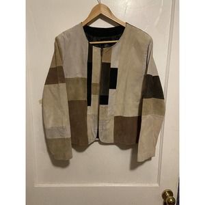 Vintage KAREN ARNOLD Leather Patchwork Blazer Jacket Multi Color XL Moto Jacket